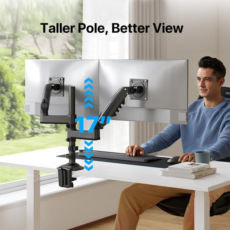 HUANUO Stackable Dual Monitor Arm - Adjustable Gas Spring Monitor Mount for Gaming and Home Office Setups, Monitor Stand Hold up to 32" with 19.8 Lbs Max Weight and C-Clamp or Grommet Hole Mounting Vesa Bracket Base S Length Hydrolic Moniter Desk Support